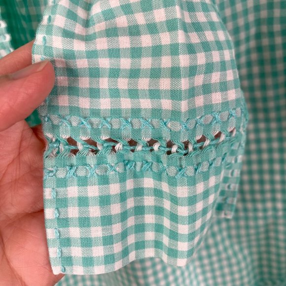 Vintage Handmade Teal Green Gingham Apron Cross Stitch Tie Waist Pocket - Picture 8 of 13